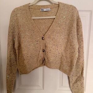 ZARA Knot Crop Cardigan with Sequins Beige